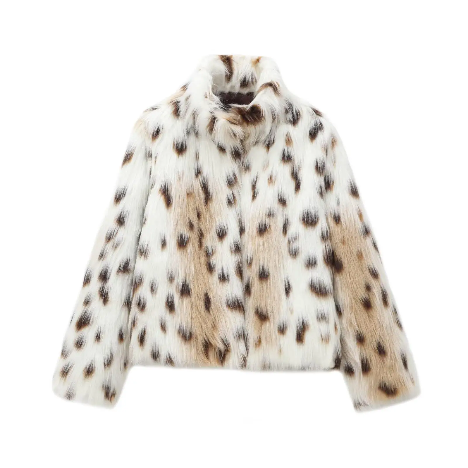 

Women's Long Standing Collar Faux Printed Woolen Coat Winter Warm Flap Collar Sleeveless Fashionable European Style Leather
