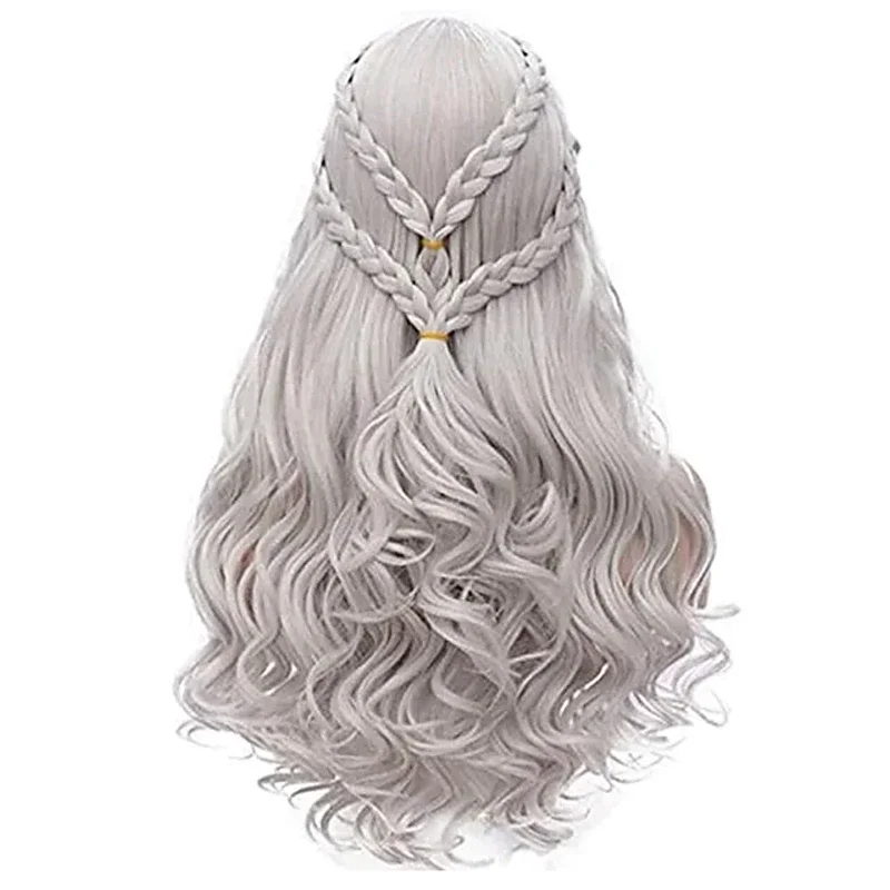 14Color Charm Lolita Long Daenerys Targaryen Silver Braided Curly Synthetic Hair Wigs Costume Cosplay Queen Wig