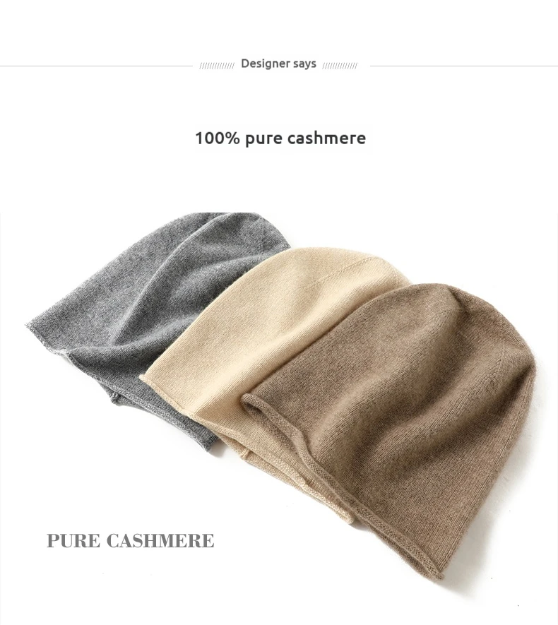 Damen-Mützen aus 100 % reinem Kaschmir, solide Kappen, gerollter Saum, lässig, Basic, weich, Herbst und Winter, echter Kaschmir, warme Schlafhaar-Mütze – Detail 5