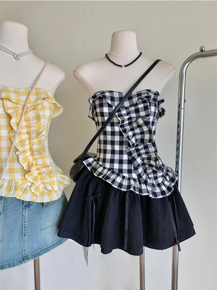 Summer Women Korean Sweet Plaid Tube Top Design Kpop Vintage Gyaru Coquette 2000s Aesthetic Cute Core Kawaii Mori Girl Hot Sexy