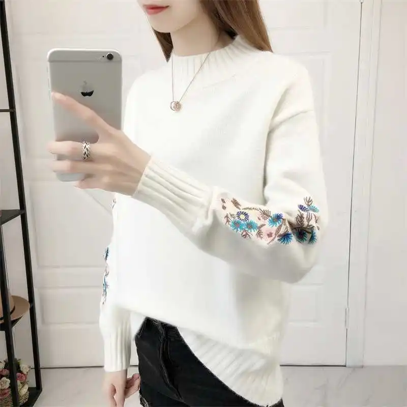 Autumn Winter New Fashion Women\'s Solid Color Half High Collar Embroidery Versatile Pullovers Sweaters Casual Long Sleeve Tops