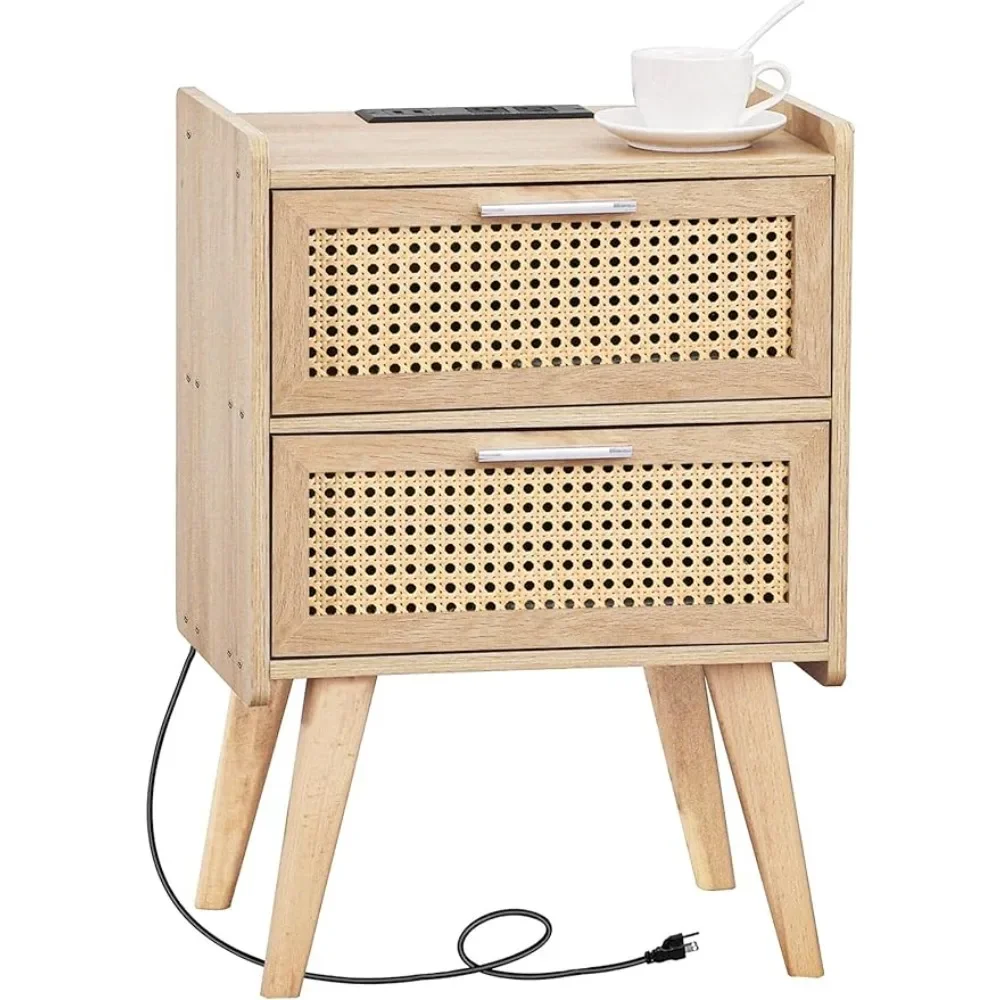 

Rattan Nightstand with Charging Station & 2 Rattan-Like Decor Drawers,Small End Table with Solid Wood Feet for Small Bedroom