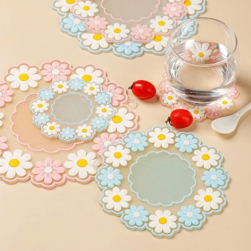 Daisy Insulated Mat Waterproof Dining Table Mat Round Fan Blue Flower Oven Mittsnon-slip Bowl Mat Silicone Coaster Wholesale