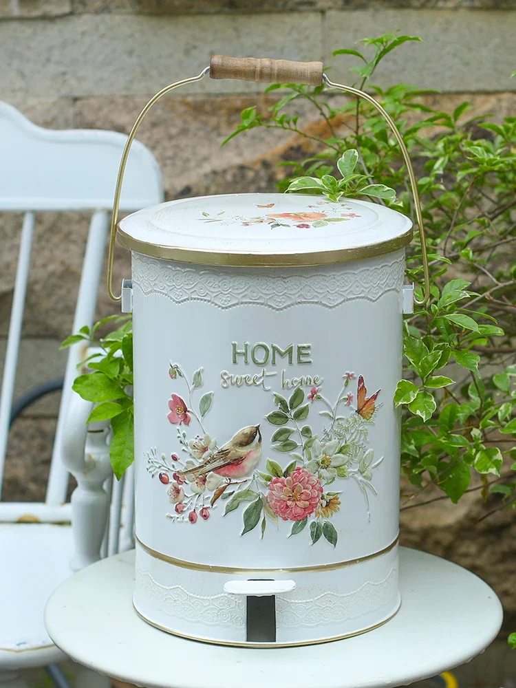 European tin trash can outdoor garden household kitchen living room bathroom large foot pedal trash can with lid