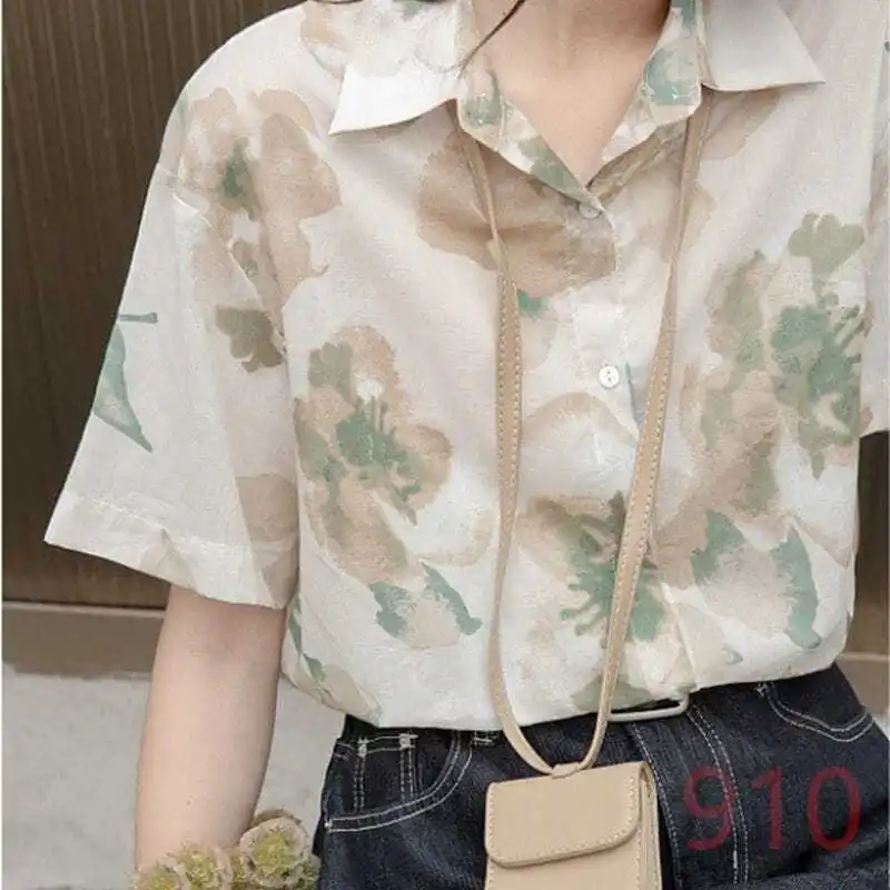 2024 Elegant Fashion Harajuku Slim Fit Female Clothes Loose Sweat All Match Casual Tops Women Button Printed Short Sleeve Blusa