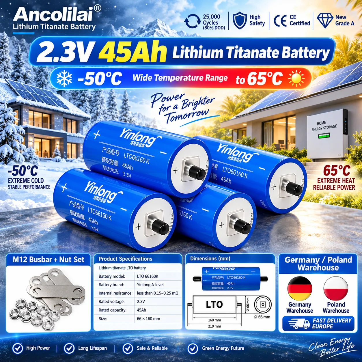 Cella batteria al titanato di litio Yinlong LTO 66160K, 2,3V nominale 45Ah, capacità effettiva 37-45Ah, per accumulo di energia domestica, 30000 cicli al 80% DOD, intervallo di funzionamento -50°C a