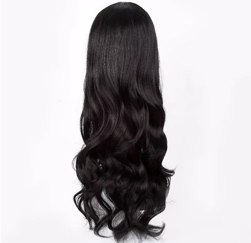 Peruca longa e encaracolada linha média preta para mulheres, cabelo sintético, fibra resistente ao calor, traje de cabelo, cosplay, halloween, carnaval, peruca