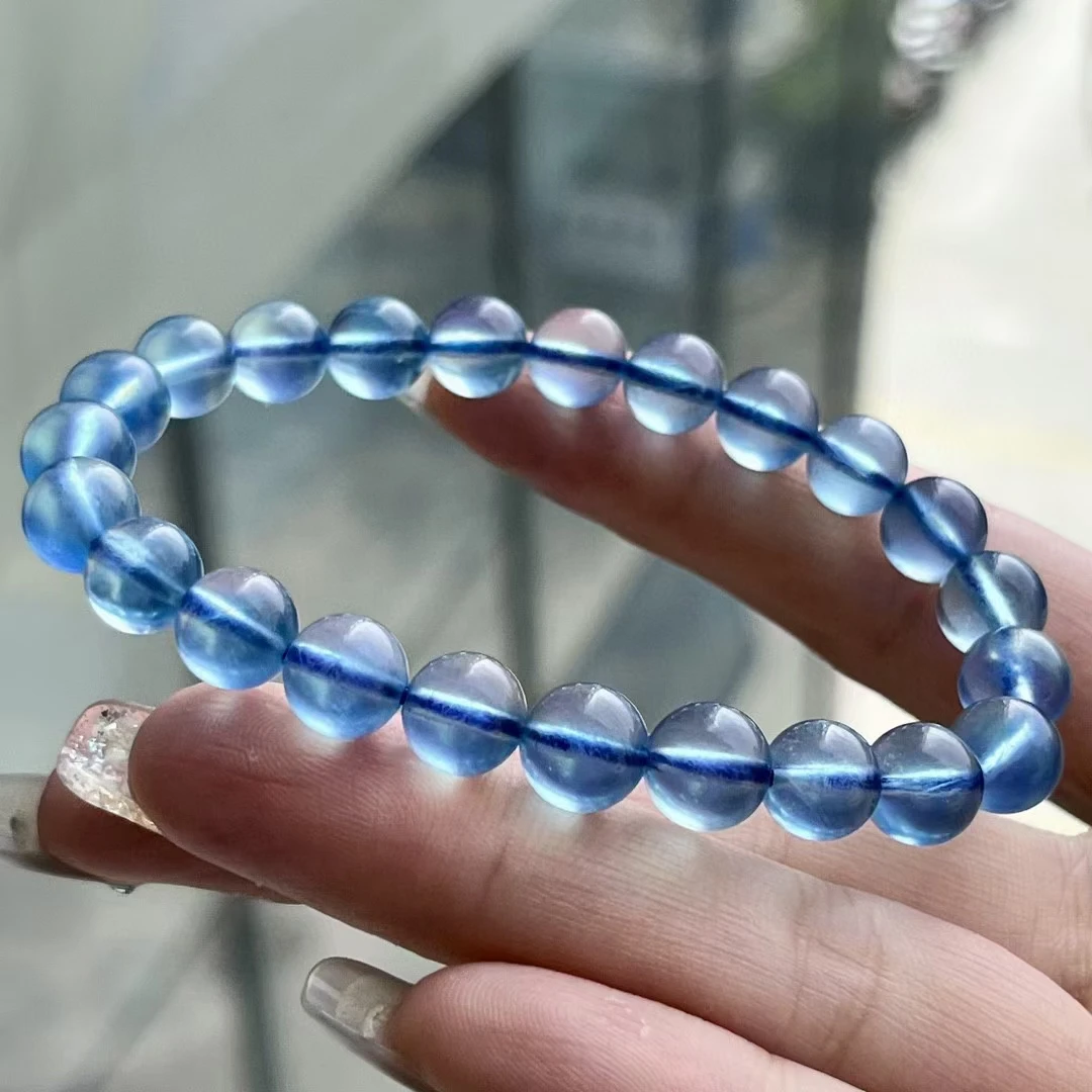 Natural Blue Aquamarine Clear Round Beads Bracelet Jewelry 8.4mm Fashion Gift Wealthy Blue Aquamarine Beads Women Men AAAAAAA