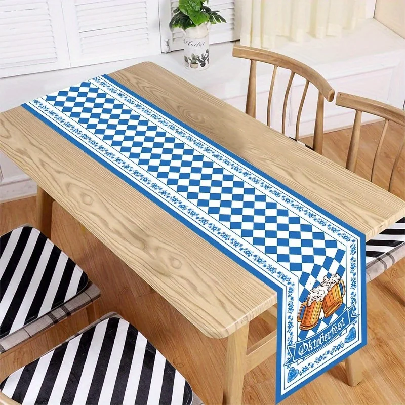 VIKAMA Bavarian Table Runner for Oktoberfest Decorations, Blue and White Chequered Pattern, Suitable for Beer Garden Parties