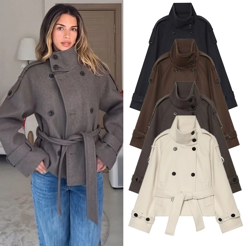TFMLN New Women's Woolen Winter Coat Double-Breasted Loose Fit Outerwear 2026 Autumn Commuter High Collar Belted Overcoat