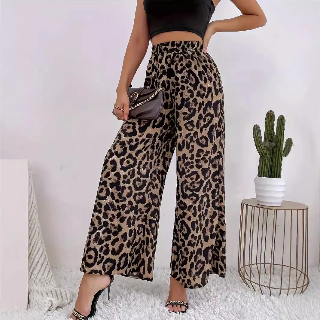 

Spring Fall Classic European and American Style Leopard Print Pants Elastic Waistband Loose Casual Mid-Rise Wide-Leg Trousers