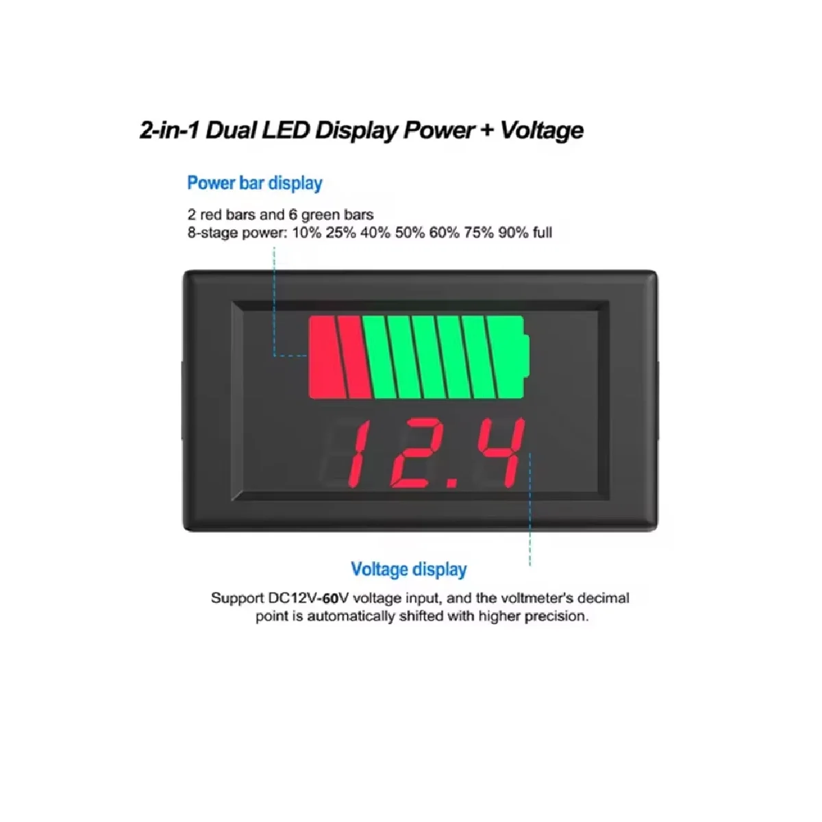 12V 24V 36V 48V 60V LED Battery Capacity Indicator Voltmeter,Digital Voltage Tester for Car Battery Charge Level Display M119
