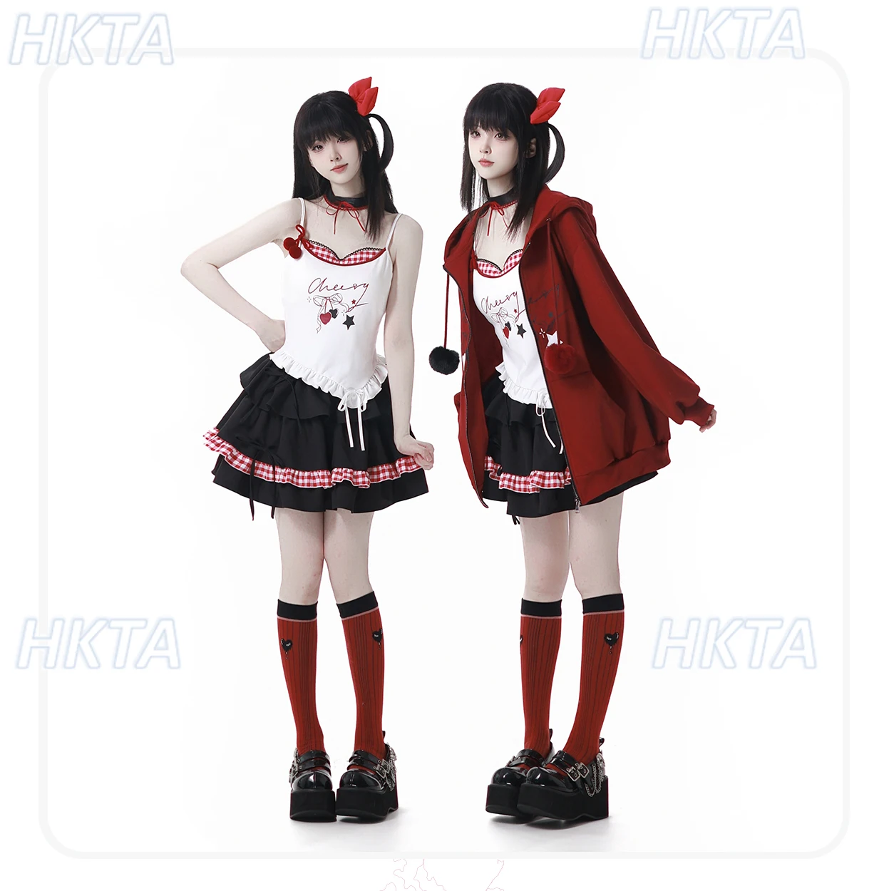 Doce e legal outono solto carta impressão moletom com capuz casaco curto suspender colete inchado bolo saia senhoras lolita terno feminino