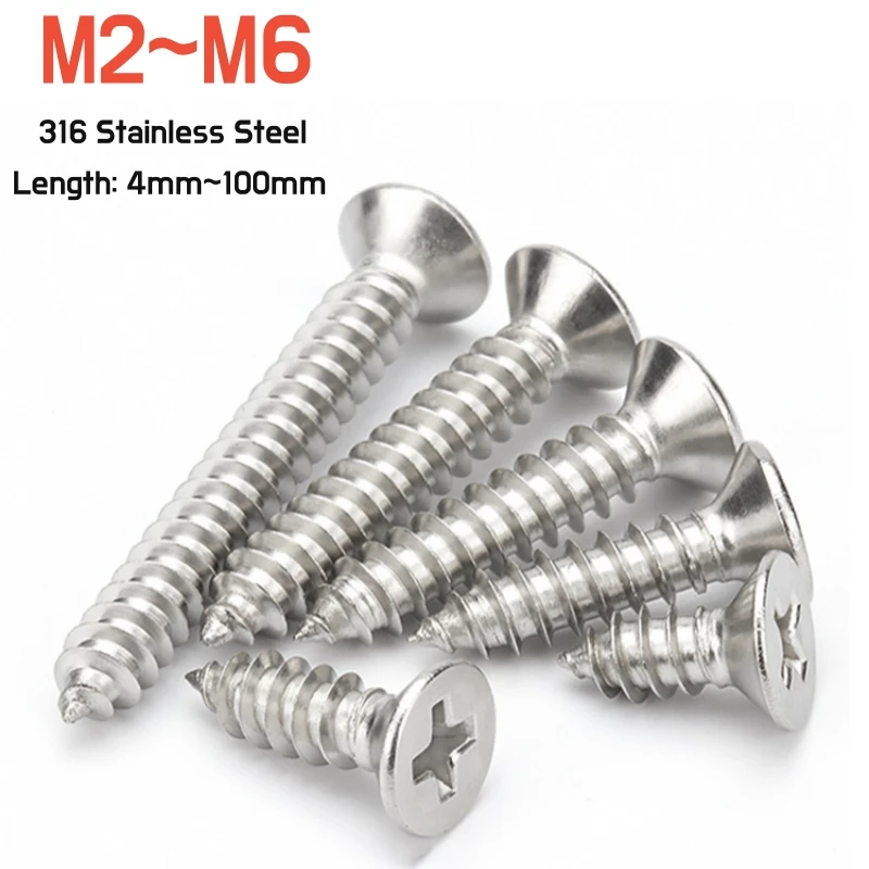 M2 M2.2 M2.6 M3 M3.5 M4 M5 M6 Cross Recessed Countersunk Self-tapping Screw 316 A4 Stainless Steel Phillips Flat Head Wood Screw