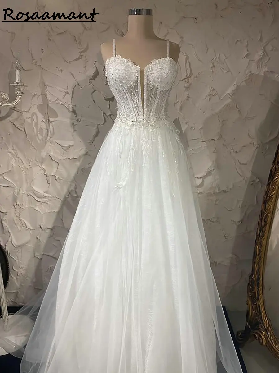 

Elegant Illusion Pearls Beading A-Line Wedding Dresses Spaghetti Straps Sleeveless Appliques Lace Country Bridal Gowns