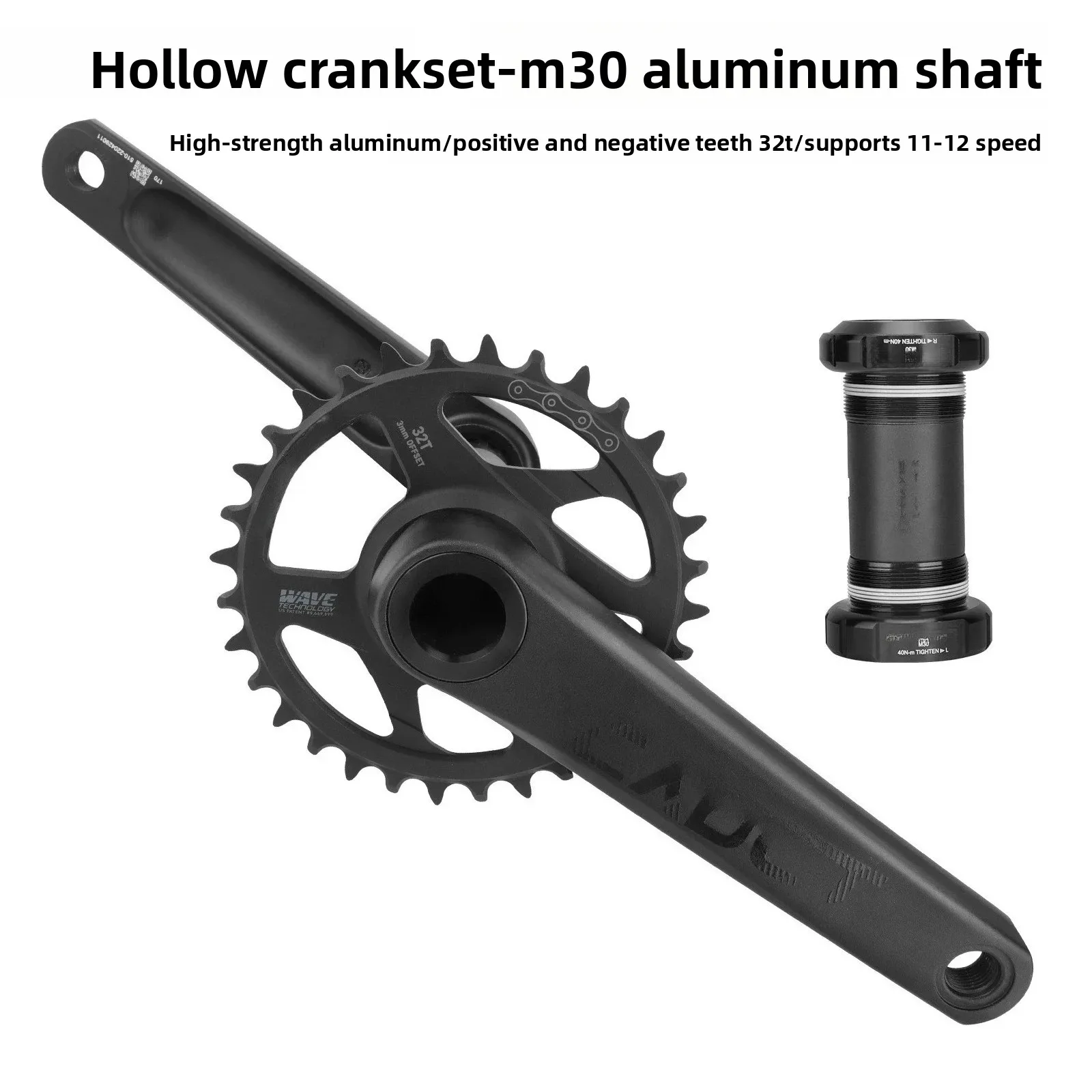 Mountain Bike Hollow Integrated Crank, Positive and Negative Tooth Disc M30 Thread Aluminum Shaft Set Crank