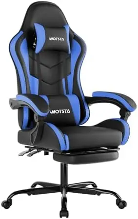 Ergonomic Gaming & Office Chair, Footrest, Racing Design Black/Blue | PVC with headrest,lumbar, Adjustable Height