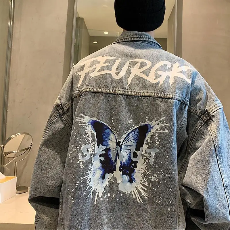 Blouson en Denim à motif de papillon pour homme et femme, ample, uniforme de Baseball, rétro, nouvelle collection 2022