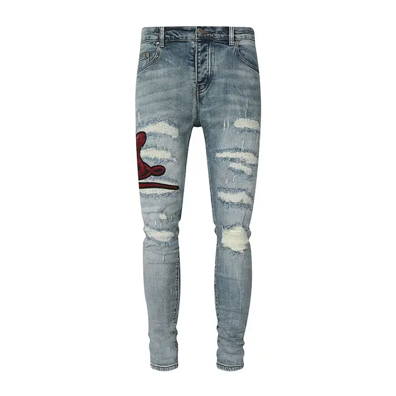 

Street Fashion Men Jeans Retro Light Blue Stretch Skinny Fit Ripped Jeans Men Cobra Patched Designer Hip Hop Brand Denim Pants