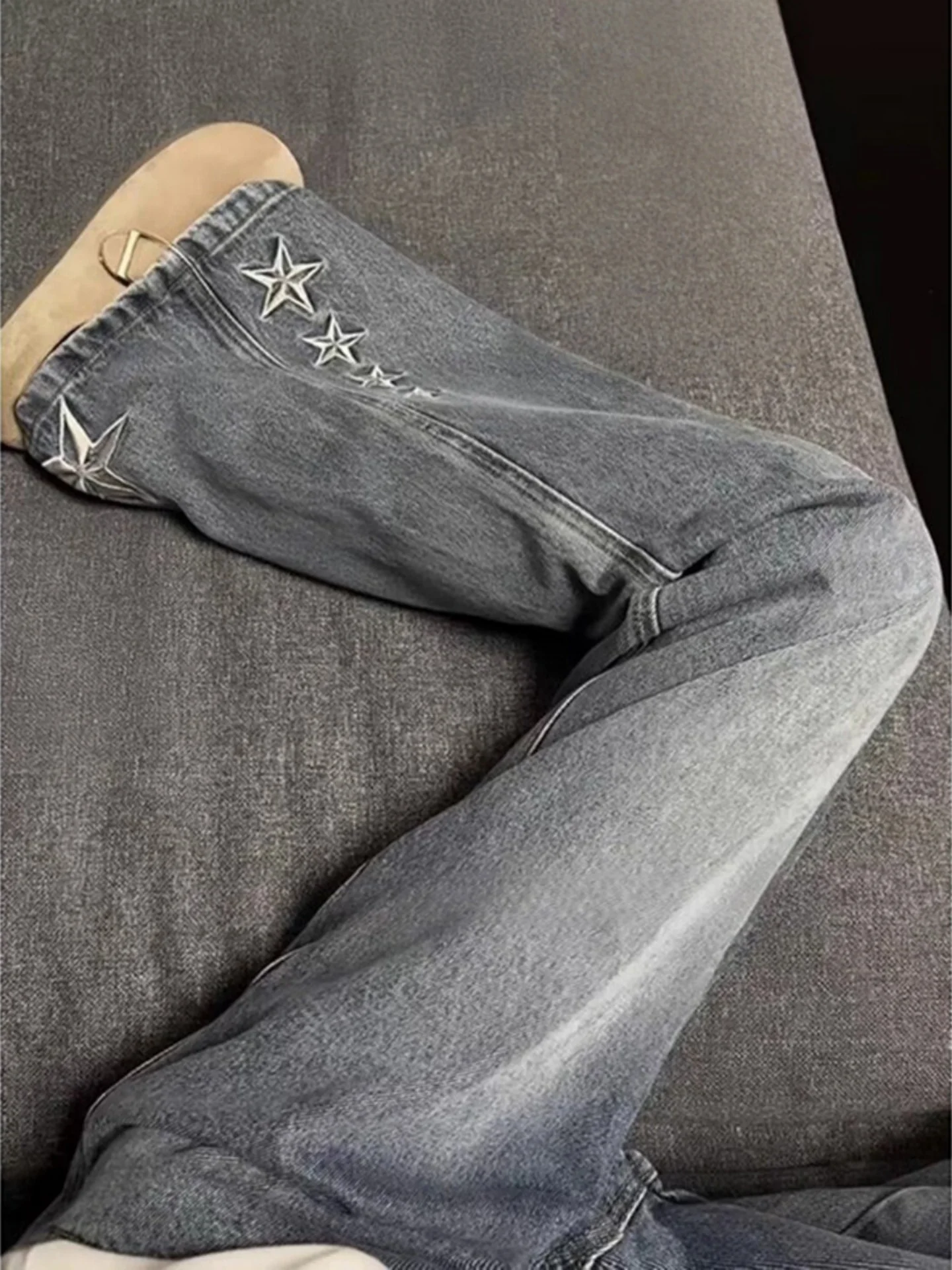 

Men's Star Embroidery Jeans High Street Sle Cleanfit Loose Straight Leg Jeans Wear Resistant hine Waed Casual Jeans