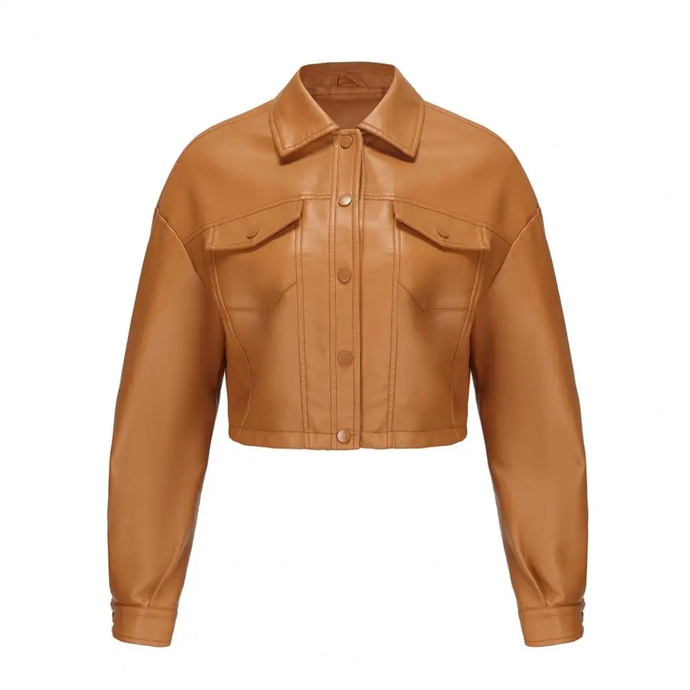 Slim-fit Faux Leather Jacket Women's Windproof Faux Leather Motorcycle Jacket with Chest Pocket Slim Fit Biker for Long