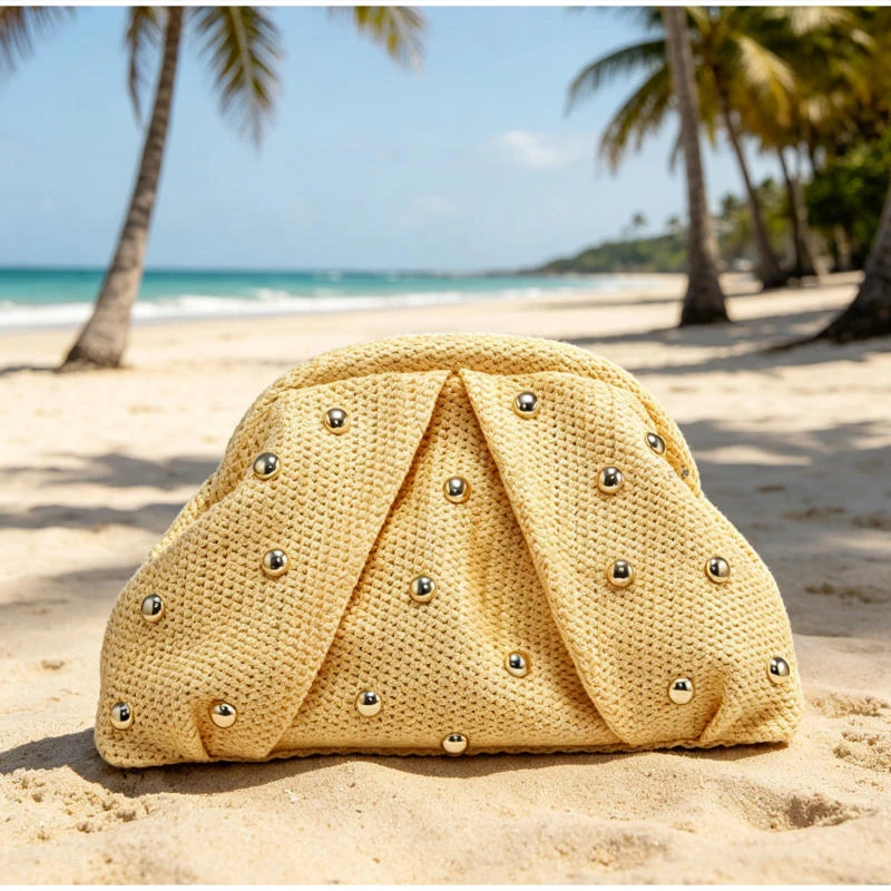 Vintage Häkel-Clutch, Retro-Handtasche für Damen, Sommer Boho Nieten-Dekor, gerüschte Handtasche mit wolkenförmigem Verschluss – Detail 7