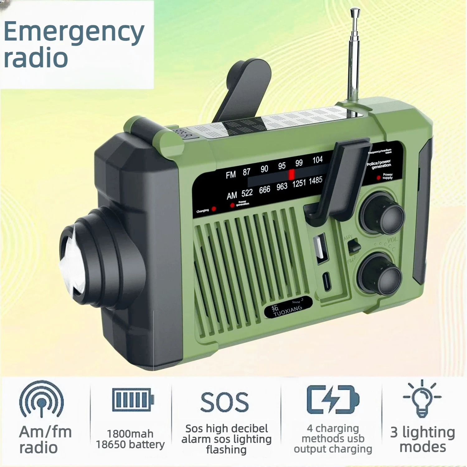 For TX T-6667 Emergency Solar Crank Radio AM/FM Portable Radio with Flashlight Reading Lamp USB Charger for Outdoor Camping