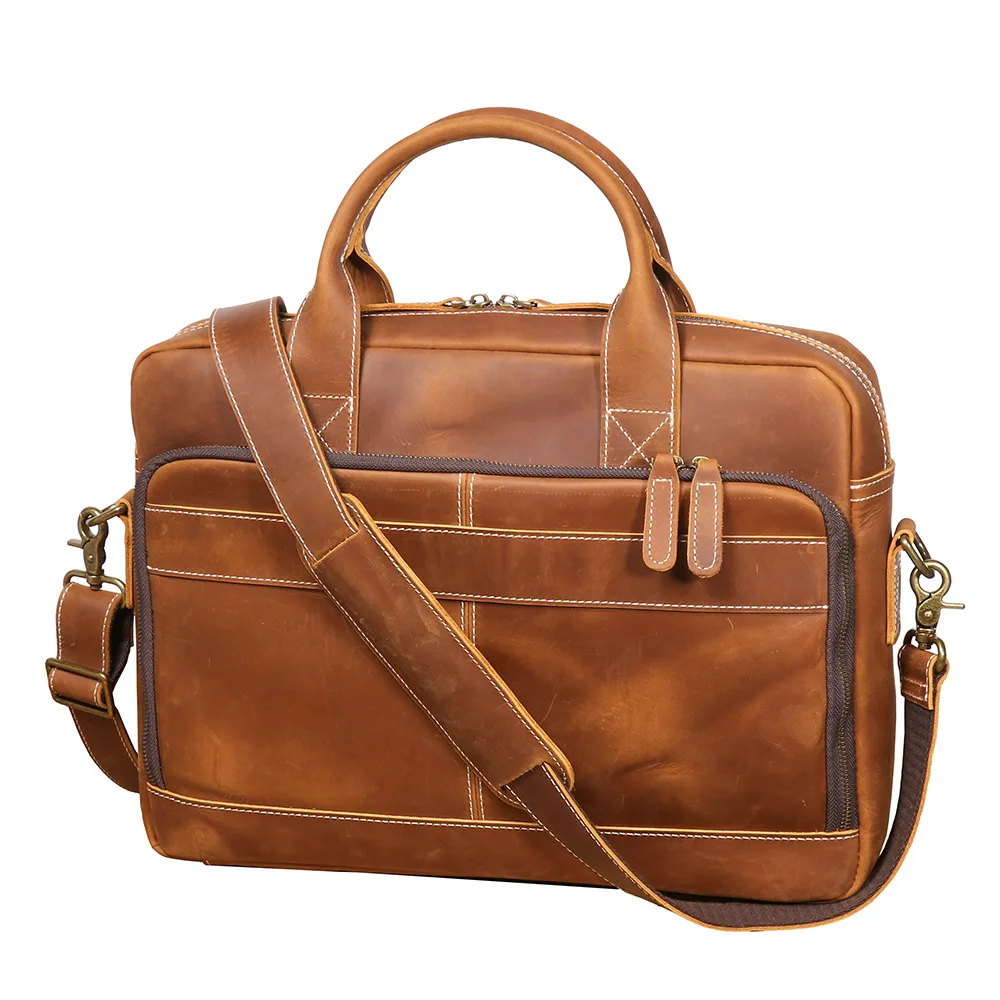 Retro Crazy Horse Song Dance Show Leather Briefcase 40cm Business Notebook Bag Granular Genuine Leather Shoulder Bag Large Capacity 40X30X9Cm 1.7kg