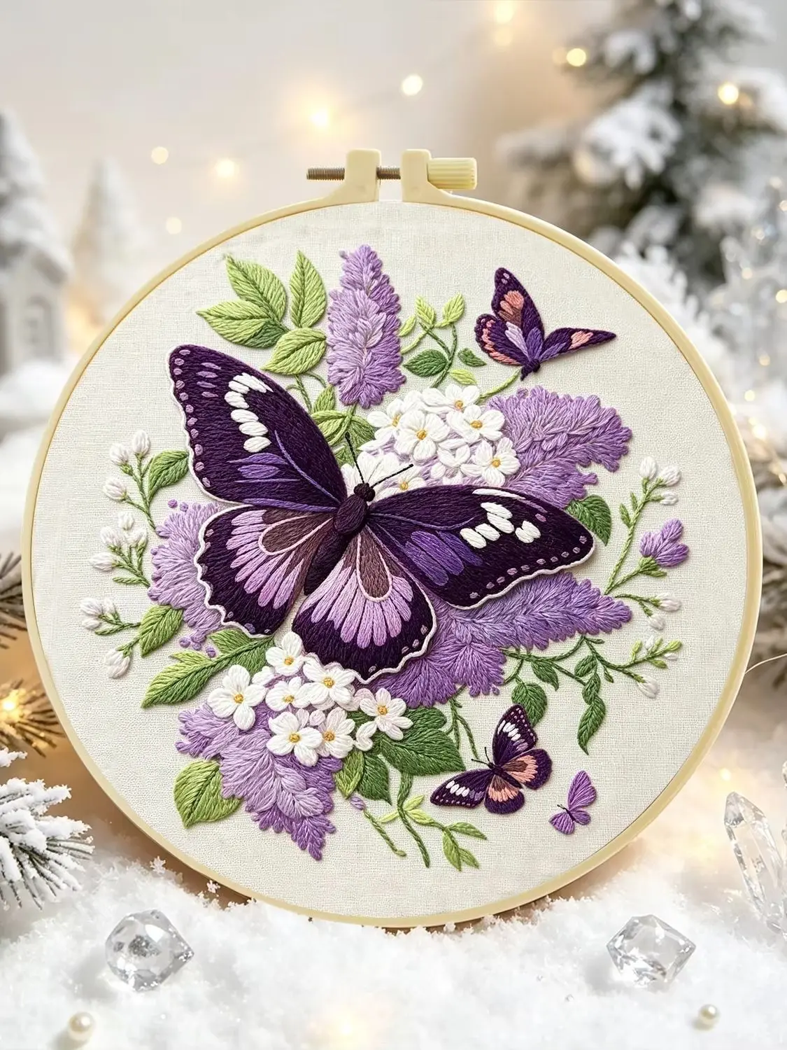1 Set Lila Blumen-Schmetterling DIY-Stickerei-Set für Anfänger, Stickerei-Starter-Kit, Kreuzstich-Kunstgeschenk, Nadelarbeiten – Detail 1