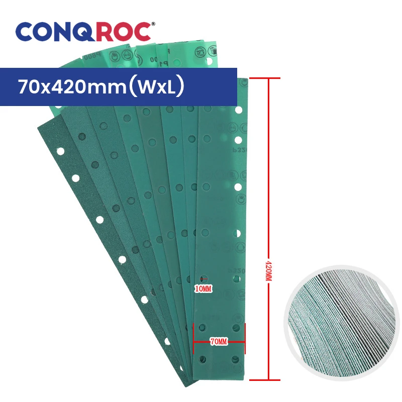 50pcs 70x420mm 14-Hole Long Sanding Strips Aluminum Oxide Polyester Film Hook & Loop Dry or Wet Abrasive Sheets for Paint Repair