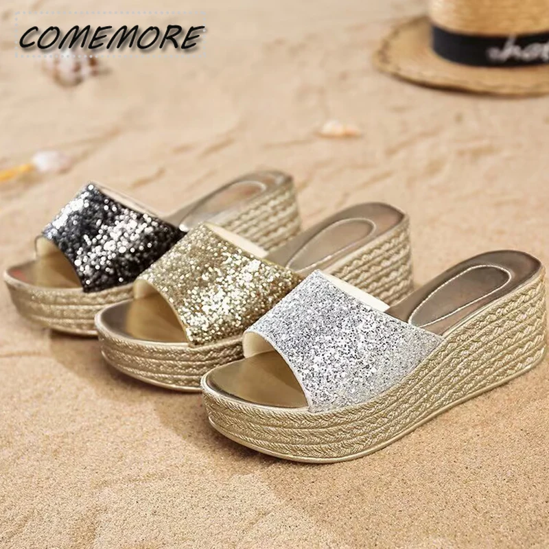 Gold Silver Luxury Sequins Wedges Slippers for Women’s 2024 Summer Open Toe Platform Sandals Woman High Heeled Slides Ladies 40