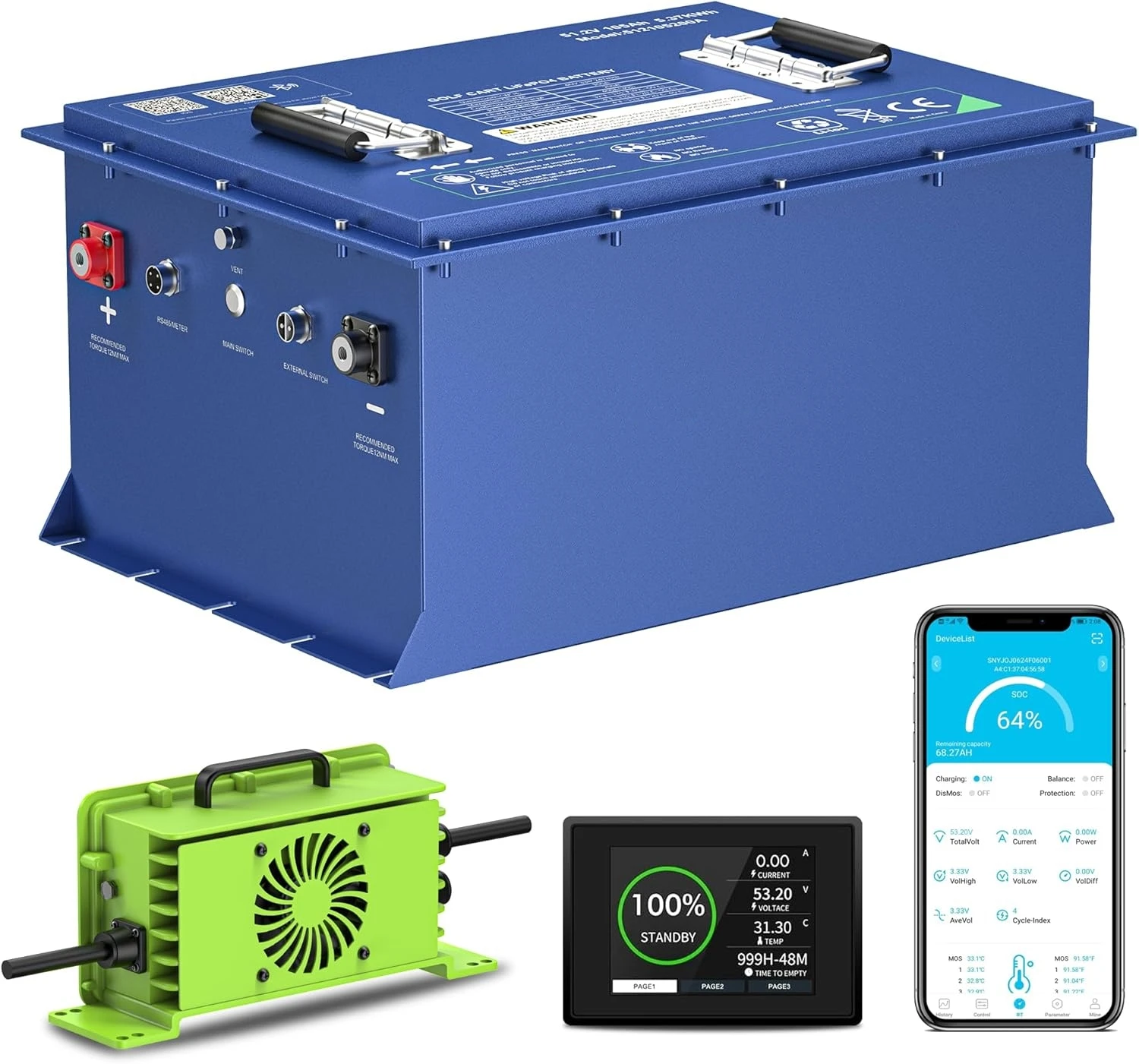 

Golf Cart Battery 48V 51.2V 100Ah 105Ah LiFePO4 Battery 200A Smart BMS 6000+ Cycles with 20A Waterproof Charger Color Customized