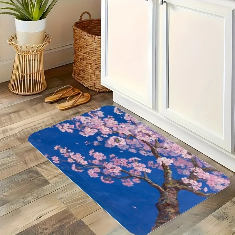 

1PC Cherry blossom Pattern Kitchen Rug Non-Slip Door Mat Pop design Bathroom Rug Bath Mat Carpet for Home Sink Laundry Decor