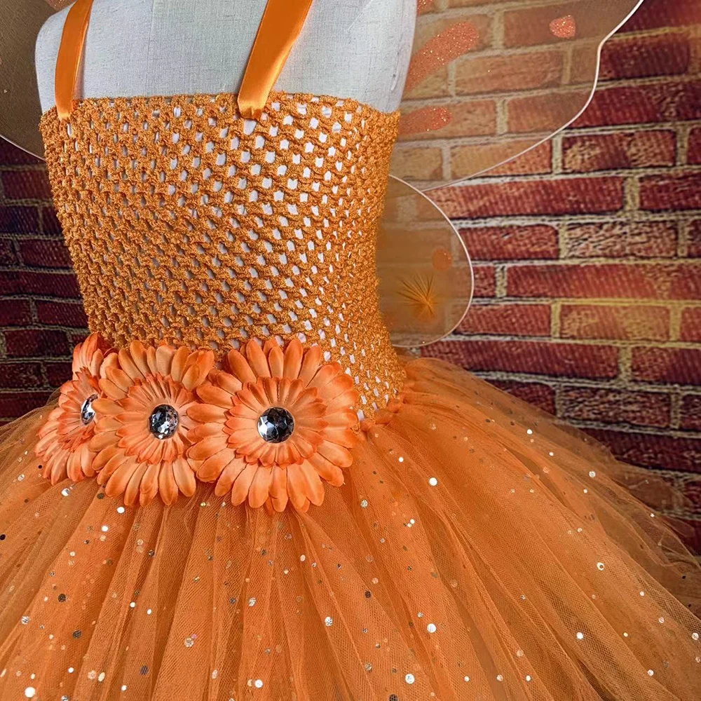 Girls Orange Glitter Tulle Dress Kid Butterfly Fairy Tutu Dresses with Wing Children Halloween Cosplay Costume