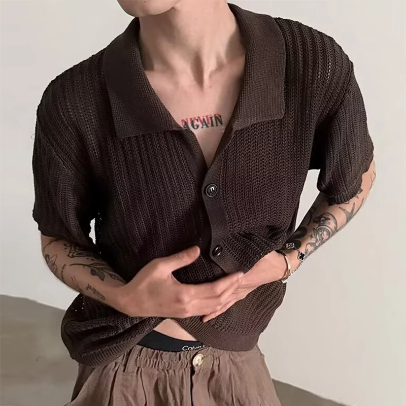 Summer New Casual Hollow Out Knit Shirts Men Vintage Button-up Lapel Short Sleeve Shirt Solid Color Mens Knitted Cardigan Tops