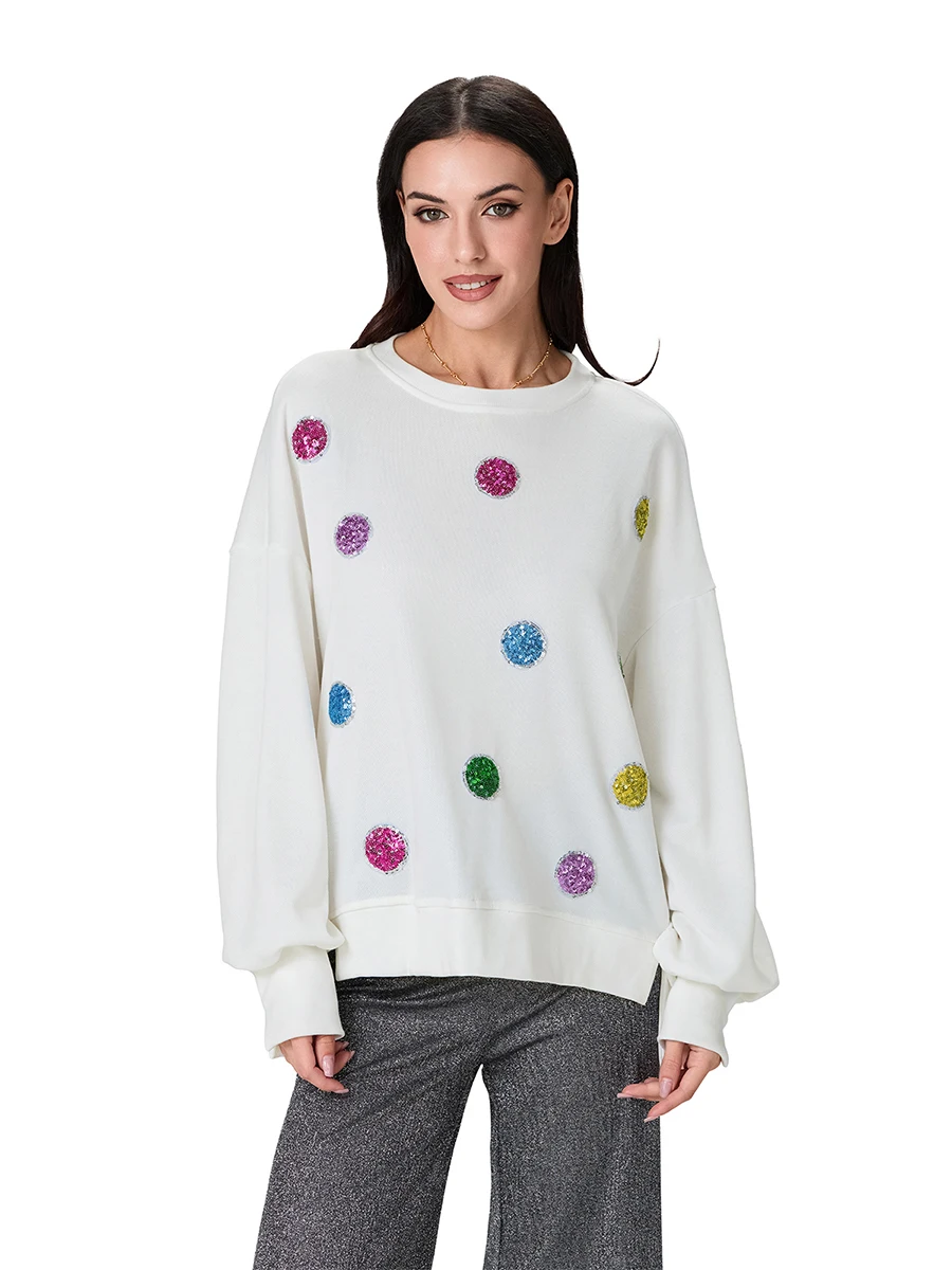 Womens Sequin Sweatshirt Loose Dot Print Crew Neck Long Sleeve High Low Tops Casual Streetwear