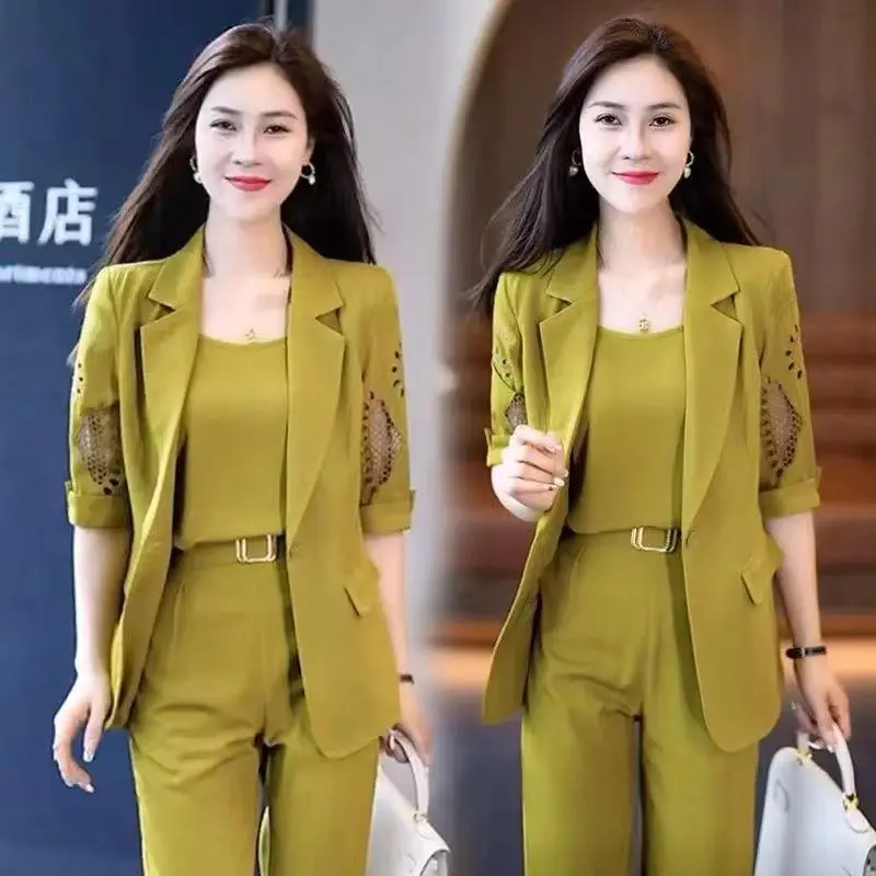 Fashion Set Women's Spring/Summer New Western Style Age Reducing Hollow Short Sleeve Temperament Three Piece Set