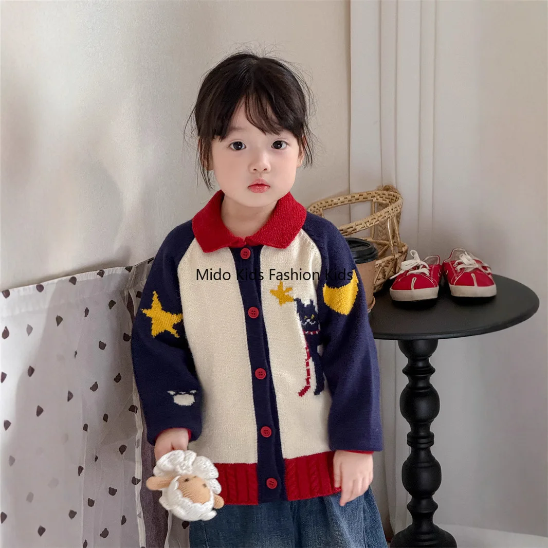 

Autumn winter children's jumper cardigan boys girls knitted cartoon lapel long-sleeved jacket baby hit colour shoulder sleeve