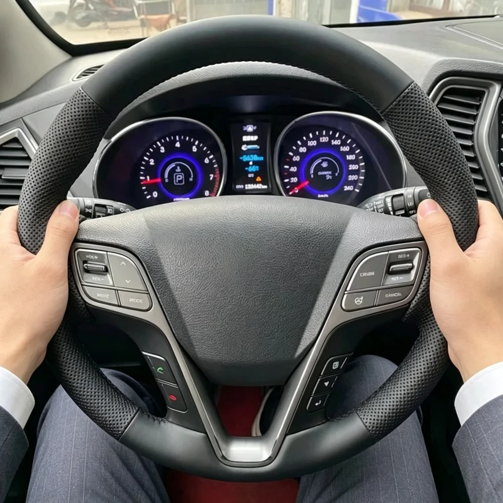 Handgenähter schwarzer perforierter Kunstleder-Lenkradbezug 2013-2015 Hyundai IX45 für Hyundai Santa Fe.