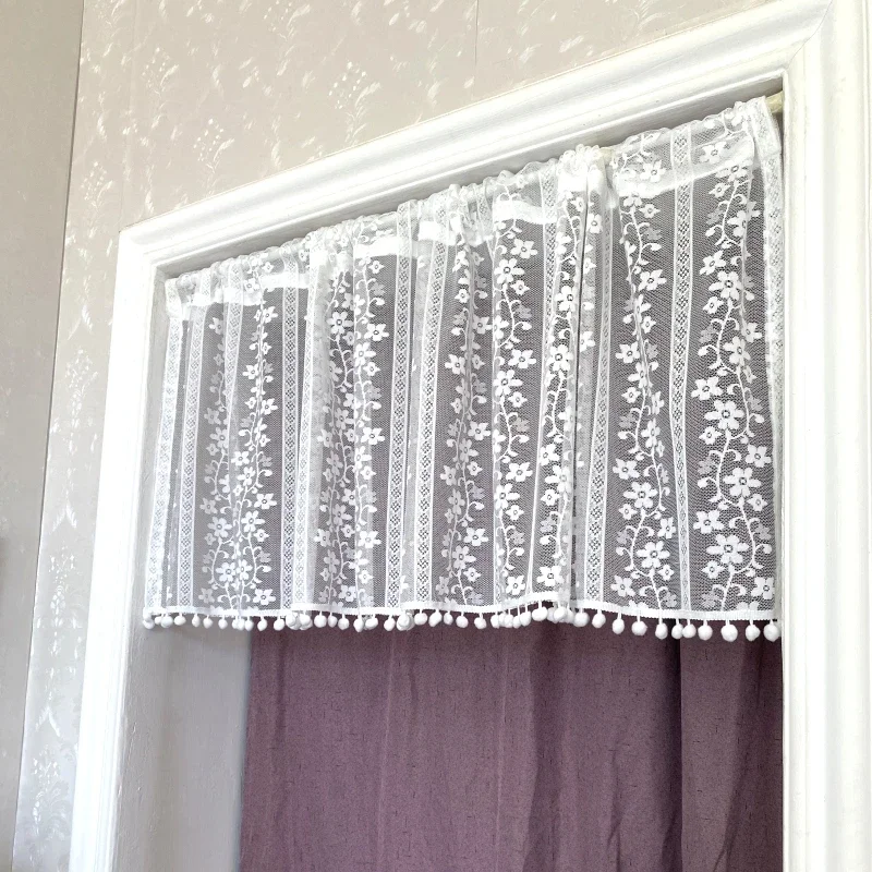 White Sheer Lace Curtain Valance for Cabinet Cafe Kitchen Delicate Floral Roman Short Half Bay Voile Home Decor Drapes