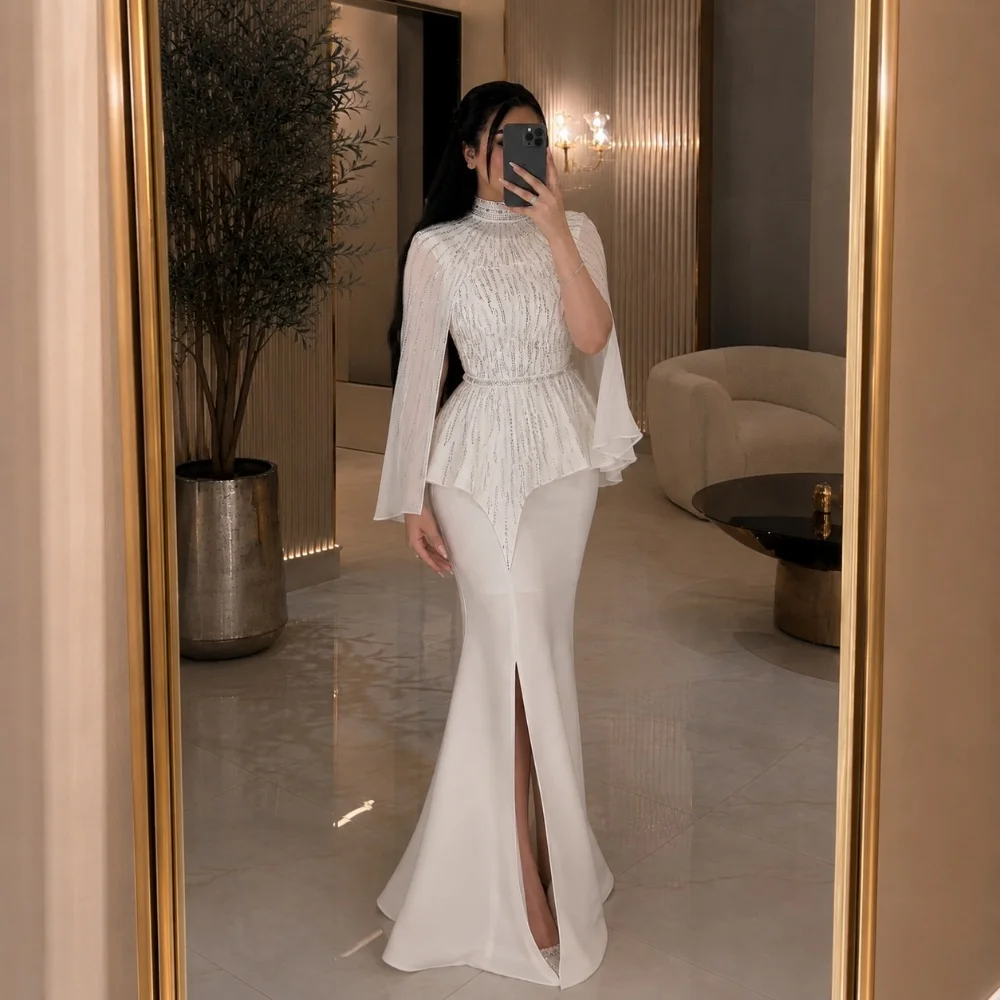 Customized Formal Chiffon Pleat Sequined Pattern Trumpet High Collar Long Bespoke Occasion Prom Dresses