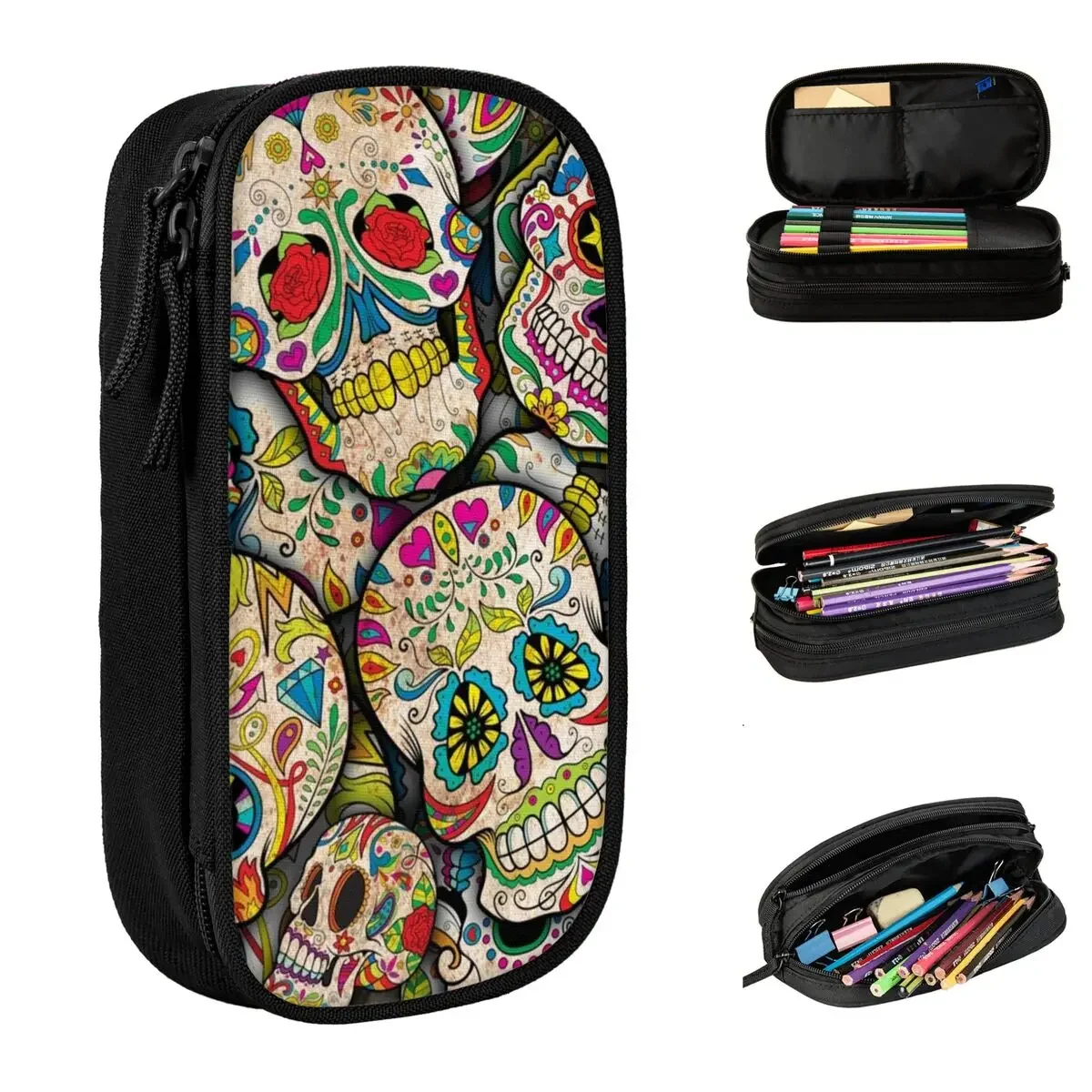 

Sugar Skull Collage Pencil Case Halloween Day Of The Dead Pouch Pen Holder Kids Big Capacity Bag School Gift Stationery