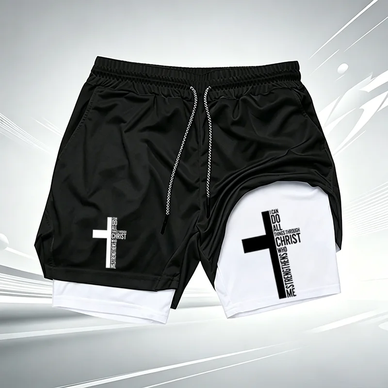 Men's 2 In 1 Cross Bible Verse Printed Shorts Quick Dry Built-in Compression Liner Gym Running Sport Athletic Short wx294