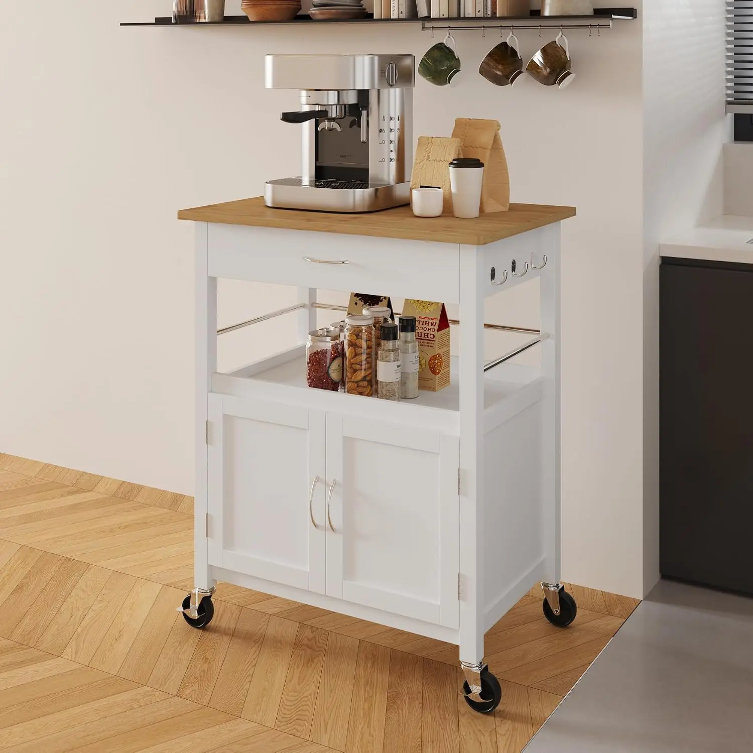 White Bamboo Top Kitchen Island Cart with Wheels Drawer Cabinet Storage Shelf Butcher Block, Customized