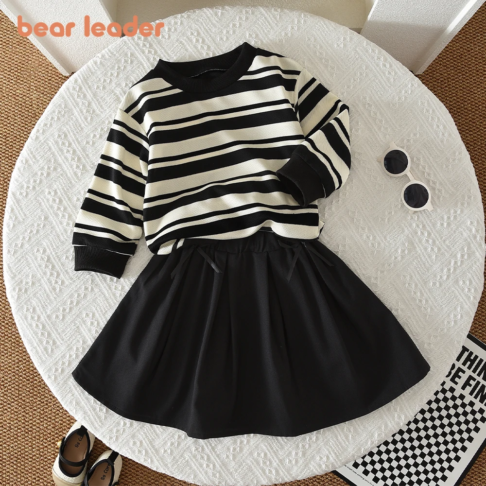 Bär Führer Herbst Neue Gestreifte Gedruckt Mädchen Kleidung Schwarz Langarm T-shirt Top + Falten Rock Street Style kinder Set