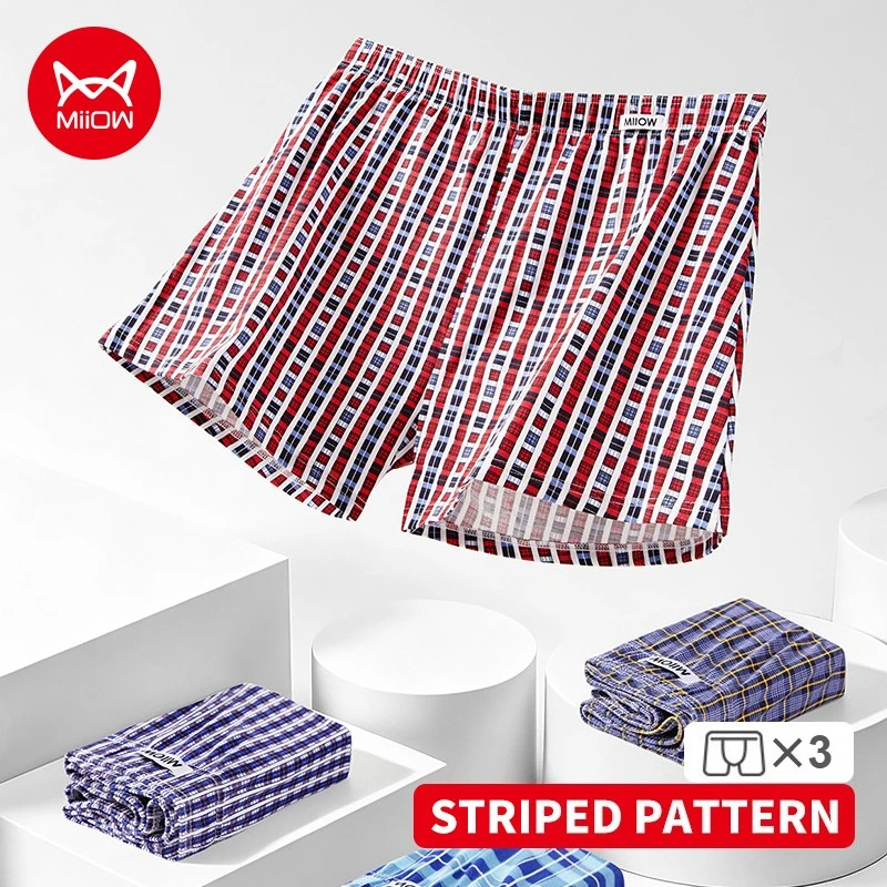 MiiOW 3Pcs Men Aro Pants Cotton Breathable Men's Panties Large Size Mens Shorts Fashion Striped Man Underwear Boxers Underpants