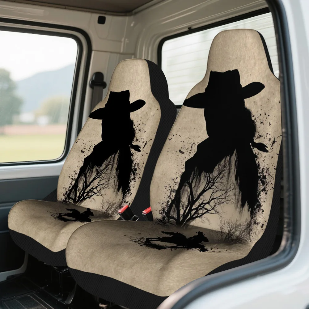 2pcs Cowboy Silhouette Adventure Print Car Seat Covers – Universal Front Seat Protectors For Cars, SUVs & Sedans, Easy Installat