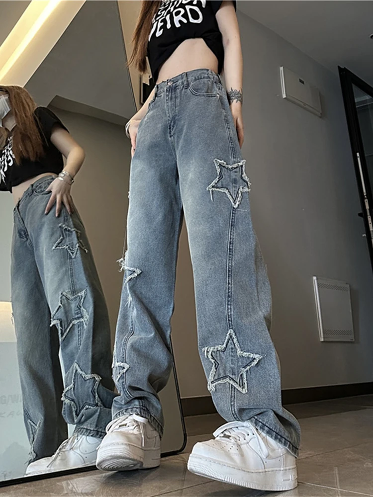 Fashion Women Star Jeans High Waist Patch Straight Denim Pants Spring Autumn Casual Loose Trousers Female Streetwear Jeans