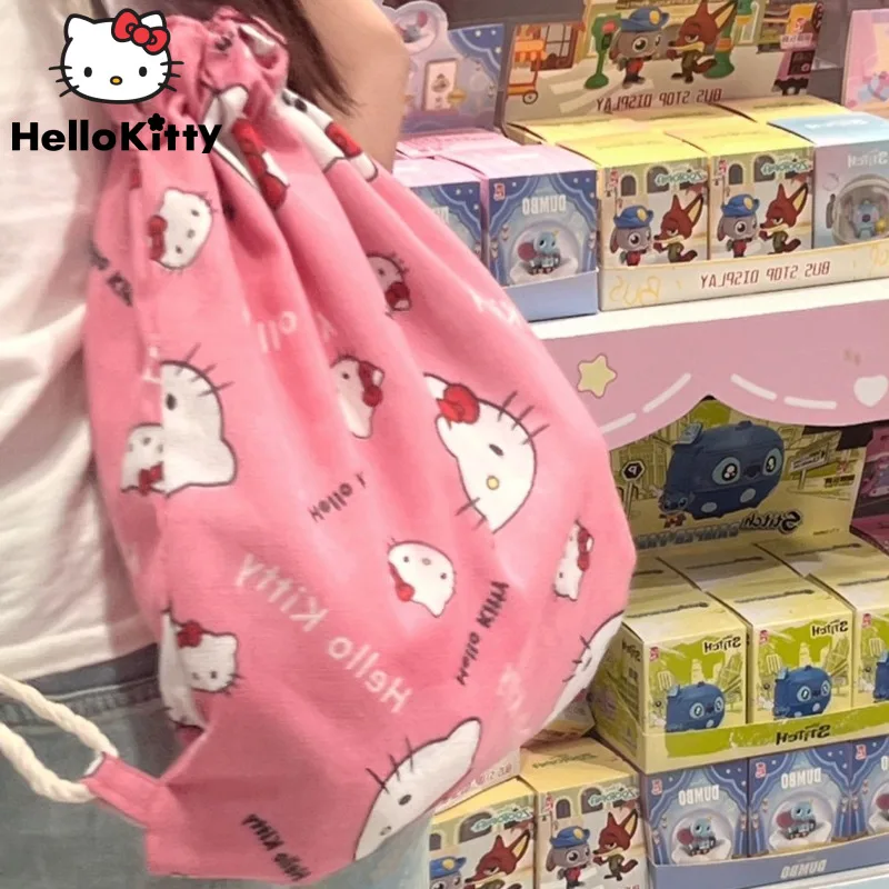 Sanrio Hello Kitty Trend Cute Drawstring Backpack Female Korean Style Convenient Casual Shoulders Bag Large Capacity Storage Bag