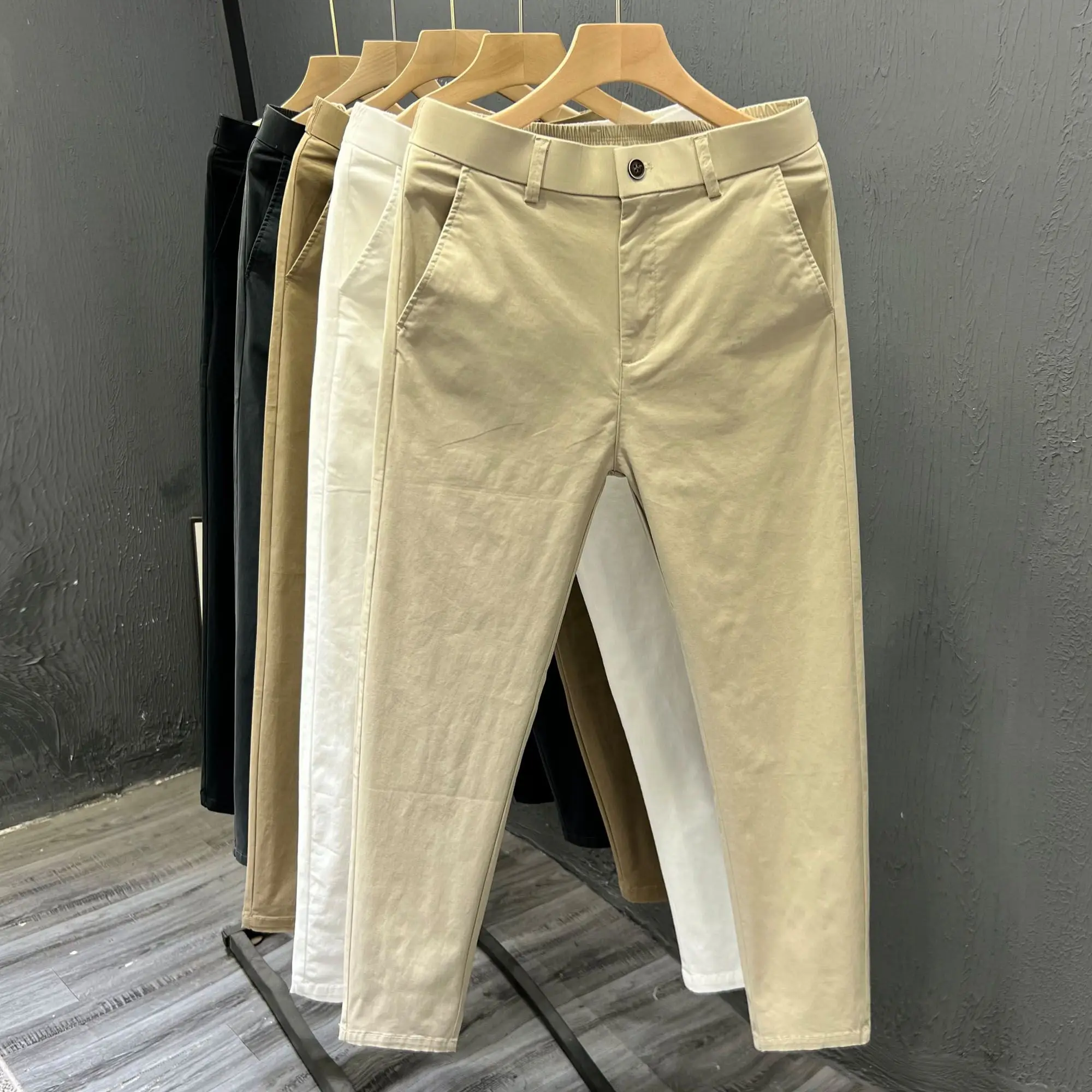 Men's Summer Thin Straight Leg Casual Pants White Slim Fit Nine Points Trendy Cotton Leisure Trousers Versatile Simple Design